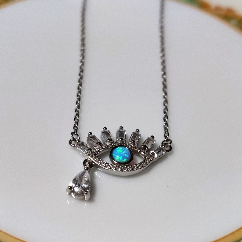 Evil Eye 925 Italian silver with zirconia and Australian opal necklace